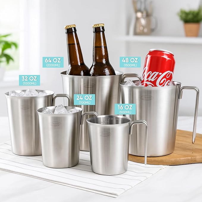 Newness 5 Pack Stainless Steel Measuring Cups Set (3 Marking Including Cup/ML/Oz Scale)(2, 3, 4, 6 & 8 Cup) Metal Measuring Cup with Handle For Prepping, Baking and Cooking, Dishwasher, Microwave Safe