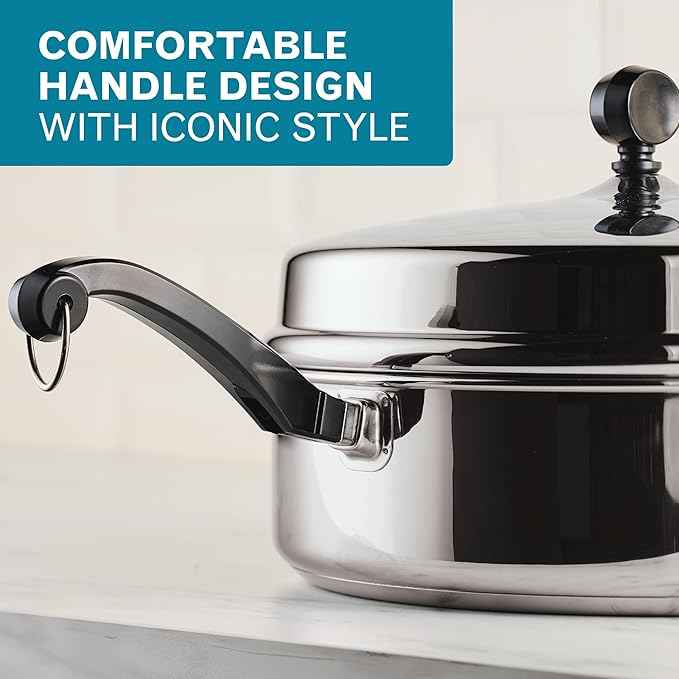 Farberware Classic Series Anniversary Edition Stainless Steel Sauté Pan and Lid with Helper Handle, Induction Suitable, 6 Quart Jumbo Cooker, Metal Utensil Safe - Stainless Steel