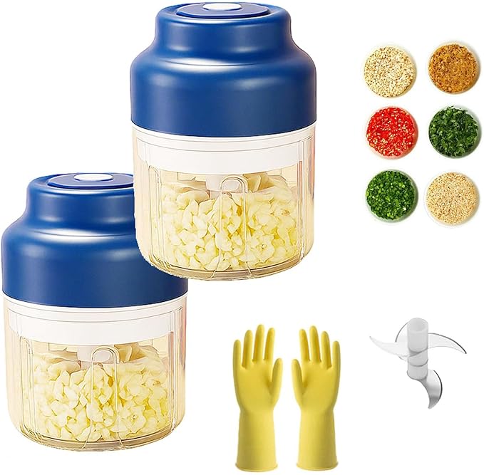 Household Electric Garlic Crusher, Cordless Mini Chopper With USB Rechargeable, Portable Food Processor for Garlic, Onion, Chili, Nuts, Vegetables (2 PCS Blue)