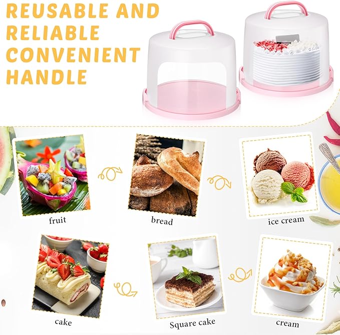 Baderke 10 Inch Round Cake Carrier with Lid and Handle - Two Sided Cake Holder & Box for Transport, Pie, Cupcake(Pink)