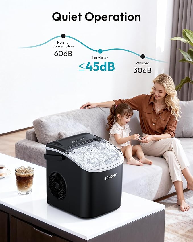EUHOMY Countertop Ice Maker Machine with Handle, 26lbs in 24Hrs, 9 Ice Cubes Ready in 6 Mins, Auto-Cleaning Portable Ice Maker with Basket and Scoop, for Home/Kitchen/Camping/RV. (Black)