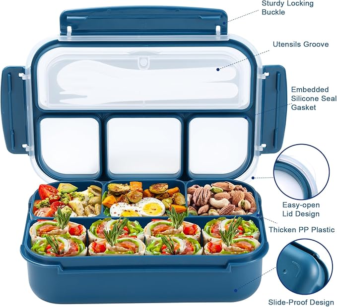 shell and turtle Bento Box Adult Lunch Box, Kids Lunch Containers for School with 4 Compartments, with Utensils, Sauce Jar, Muffin Liners, Microwave Safe, Navy