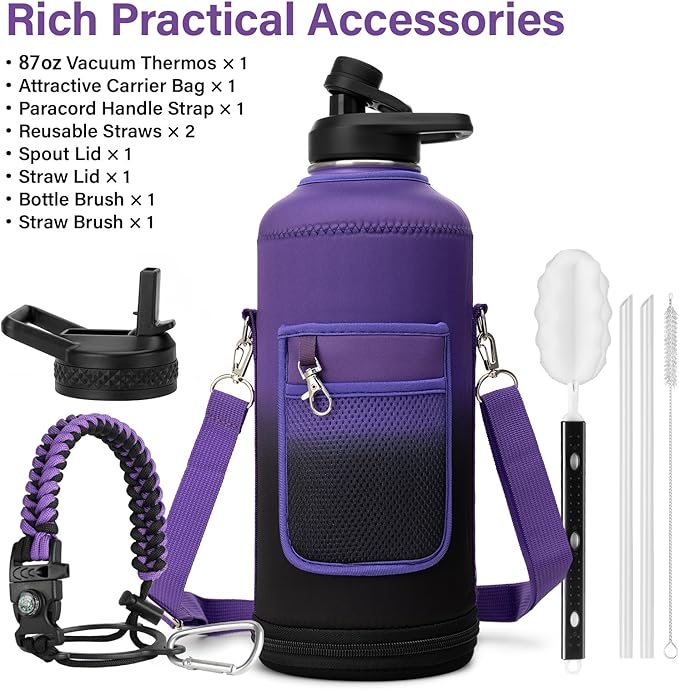 DYSANKY Insulated Water Bottle | Thickened Stainless Steel for Gym and Hiking with Straw, Carrier Bag, Handle Strap | BPA-Free 87 oz