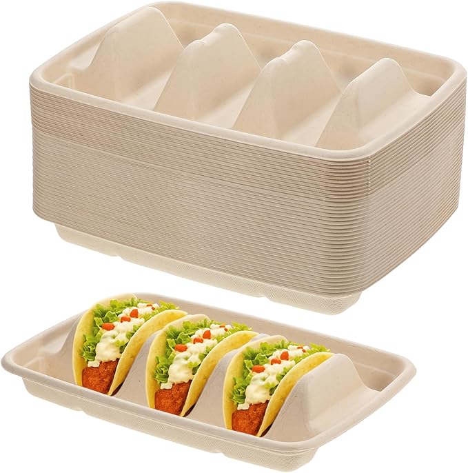 150Pcs Disposable Taco Holders for Party, Premium Bagasse Pulp Taco Plates, Taco Plates with 3 Dividers, 3-Slot Taco Tray Holder, Taco Bar Serving Set for Party Taco Tuesday Hot Dog Sandwich