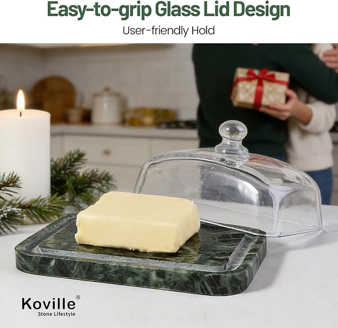 Koville Green Marble Butter Dish with Glass Lid for Countertop and Refrigerator Door Shelf, Green Marble Butter Keeper, Stone Butter Dish with Lid, Airtight Butter Keeper Container, Dishwasher Safe