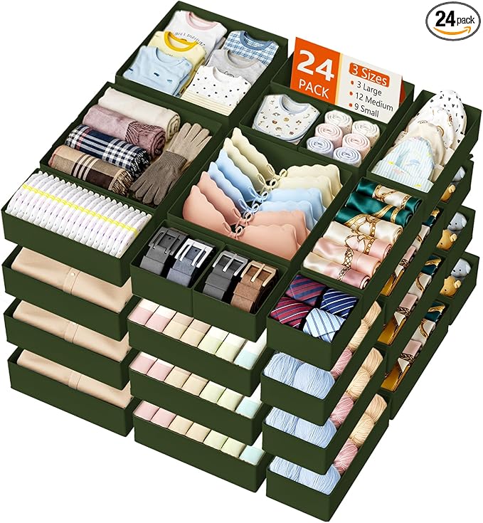 DIMJ Drawer Organizer Clothes - 24 Pack Closet Drawer Organizer Bins for Baby Clothes Storage, Fabric Dresser Organizer for Nursery Bedroom, Foldable Small Drawer Dividers for Underwear Socks
