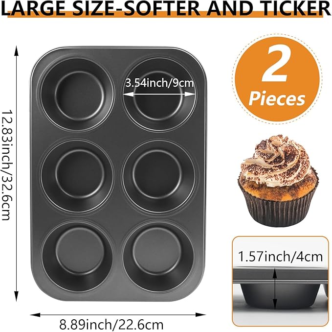 Jumbo Muffin Pan 6 Cup Cupcake Tin Nonstick, 2PCS Durable Large Baking Pan for Big Muffins & Cupcakes, Easy Clean Carbon Steel Giant Muffin Tin for Oven Use, Parties