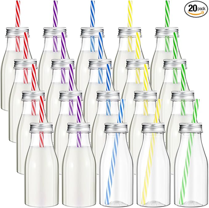 Yinkin 20 Sets Plastic Milk Bottles with Straws Lids Clear Plastic Containers for Dairy Milk Party Bottle for Juices Shakes Smoothies (8 oz,Summer Color)