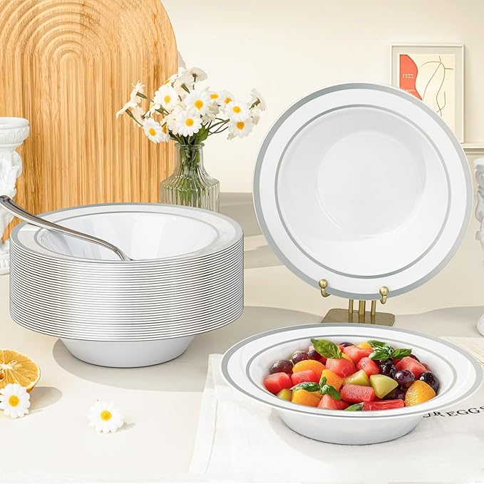 BESTVIP 200 Pack Plastic Bowls with Silver Rim, 12 oz Disposable Soup Bowls, Heavy-duty Dessert Fruit Bowl for Party, Wedding, Christmas, Thanksgiving, Dinner Catering
