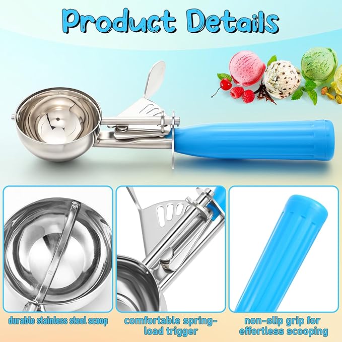 Reallnaive 2 Pcs Release Cookie Scoops Ice Cream Scooper with Trigger Release Portion Scoop Stainless Steel for Portion Control, Baking Food, Cookie Dough (2 oz,Blue)