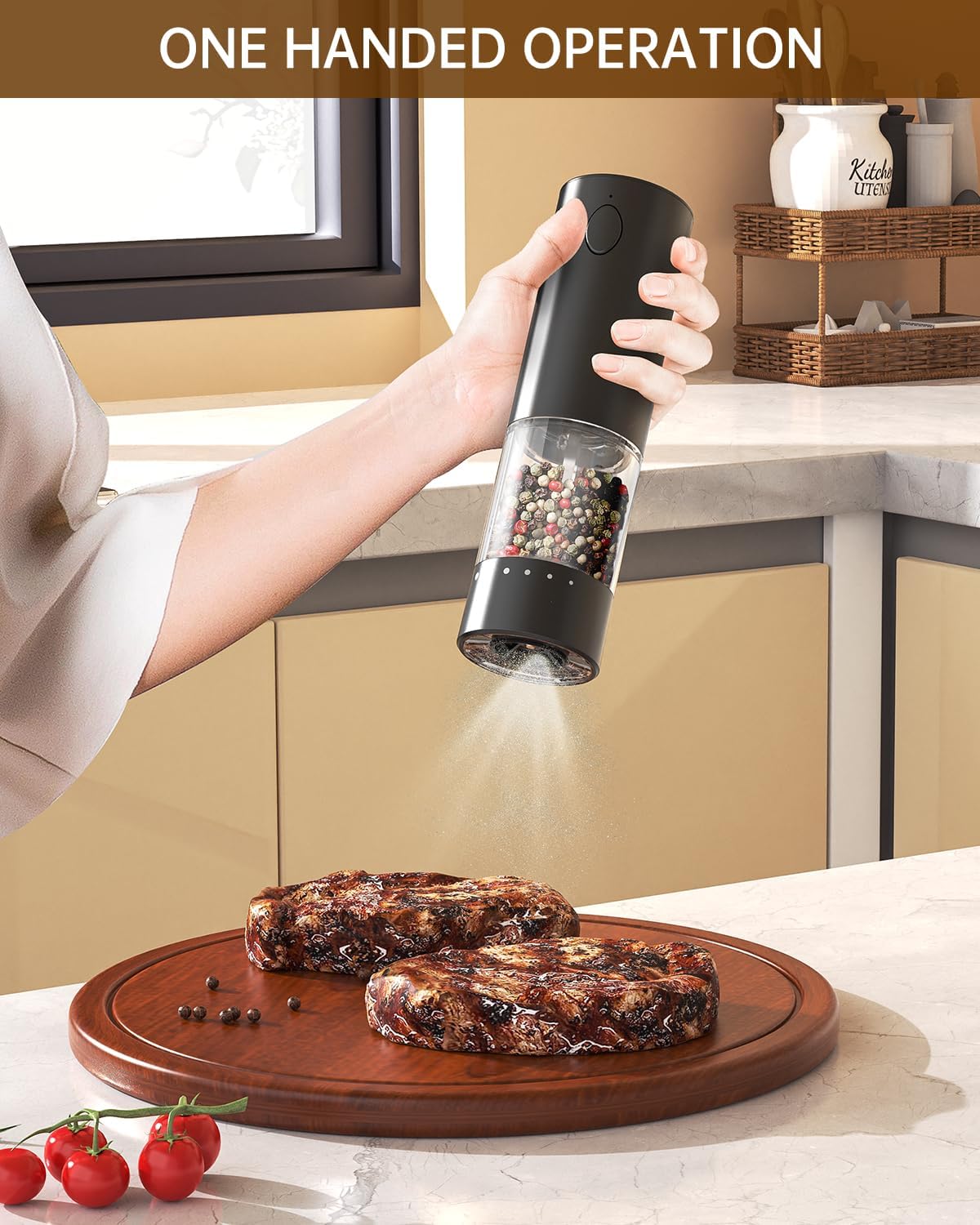 CIRCLE JOY Rechargeable Electric Pepper Grinder, Salt Grinder Pepper Mill with Washable 95ml Container, White LED Light and External Adjustable Coarseness, Black