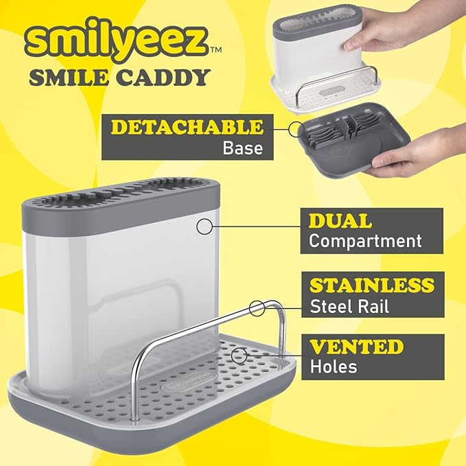 Smilyeez Caddy Combo, Sink Caddy, Smiling Handle, 2 Scrub Moji Sponges, Dishwand with 2 Mini Moji Sponges (Light Blue)