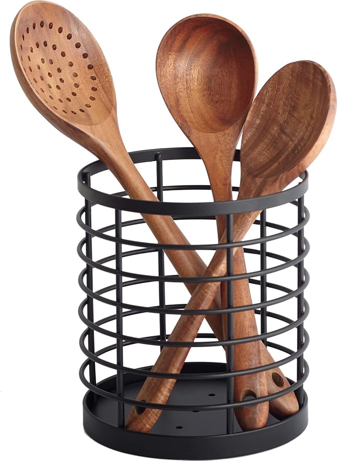 WDT Tool Utensil holder for Kitchen Counter - 5.2" x 5.2" x 6" Large Round Utensils Holder with Wooden Base Matte Black Cooking Utensil Holder，Kitchen countertop Utensil Organizer (Metal)