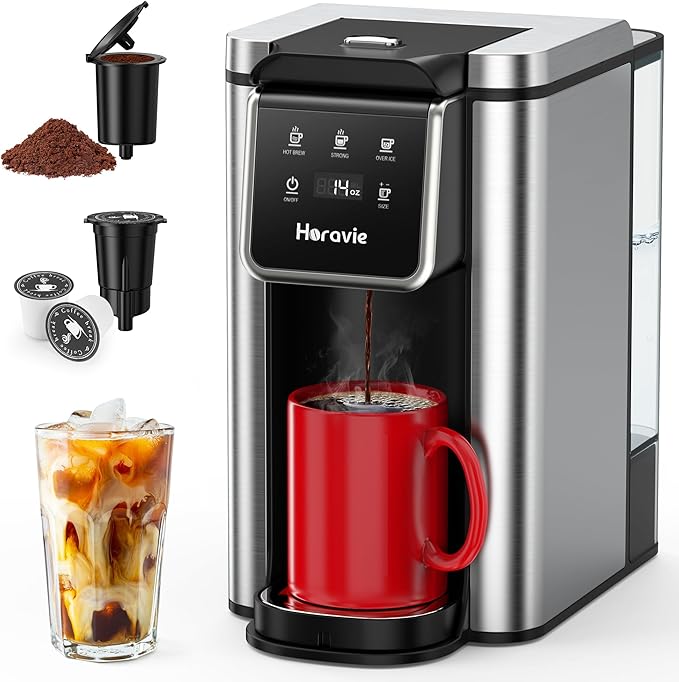Horavie Single Serve Coffee Maker for K-Cups & Grounds, Hot & Iced Coffee Maker, Strong Button Feature, 6 to 14oz Brew Sizes, 50oz Removable Reservoir, Fit 6.5" Mugs, Stainless Steel, Black