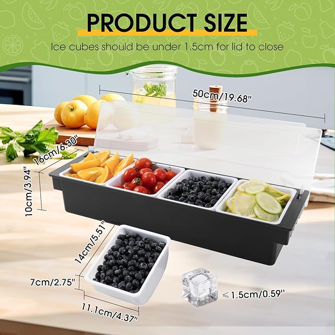 Fruit, Veggie & Condiment Caddy with Lid Dispenser Tray Garnish Station for Bartending & Serving Taco (2, 4 Compartment)