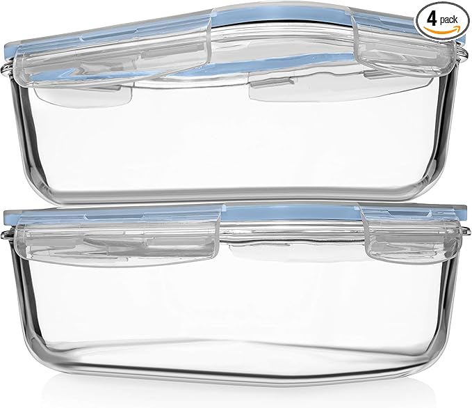 Razab 4 PC 1860ml / 63 Oz / 8 Cups Large Glass Food Storage Containers with Lids - Glass Meal Prep Containers for Roasting & Storing Leftover, Lunch Container with Lids, Microwave & Oven Safe