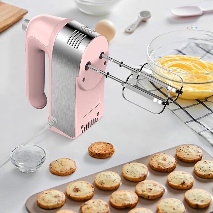 Hand Mixer Electric, 450W Kitchen Mixers with Scale Cup Storage Case, Turbo Boost/Self-Control Speed + 5 Speed + Eject Button + 5 Stainless Steel Accessories, For Easy Whipping Dough, Cream, Pink