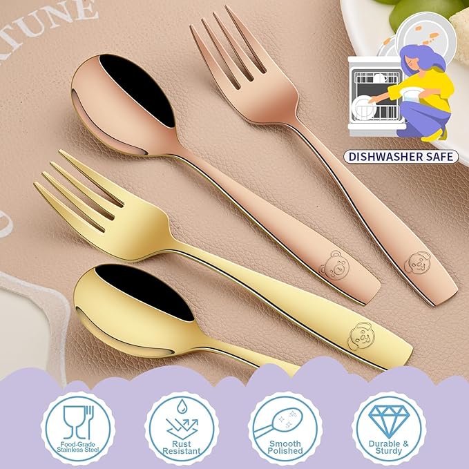 DEHOV Colorful Toddler Eating Utensils Set,Set Of 12 Food Grade Stainless Steel Silverware Sets For Kids,Dishwasher Safe Children Small Metal Spoons And Forks Flatware Sets