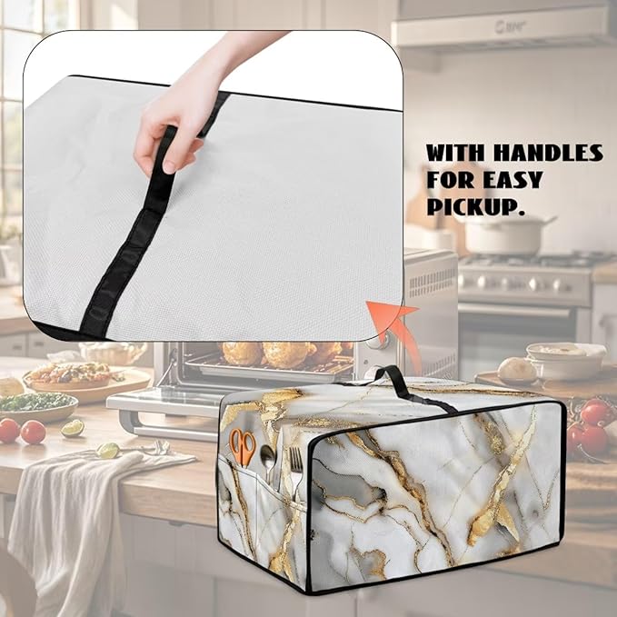 Toaster Oven Dust Cover with Storage Pockets, Protective Decorative Smart Oven Cover for for Kitchen Countertop, M, 16.5 x 20.5 x 10 inches, White Gold Gray Marble