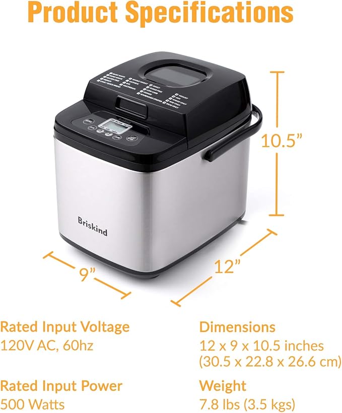 Briskind 19-in-1 Compact Bread Maker Machine, 1.5 lb / 1 lb Loaf Small Breadmaker with Carrying Handle, Including Gluten Free, Dough, Jam, Yogurt Menus, Bake Evenly, Automatic Keep Warm, 3 Crust Color