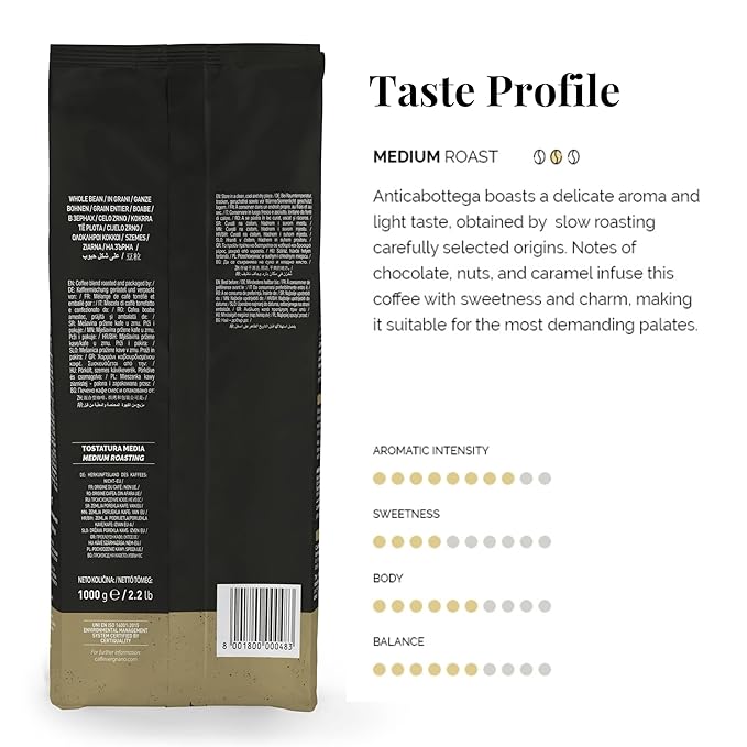 Caffe Vergnano Whole Bean Coffee 2.2 lb Bag - Medium Roast Antica Bottega Arabica Espresso Beans, Italian Coffee Chocolate Caramel Nut Notes - For Coffee Maker, French Press Espresso Maker, Moka Pot