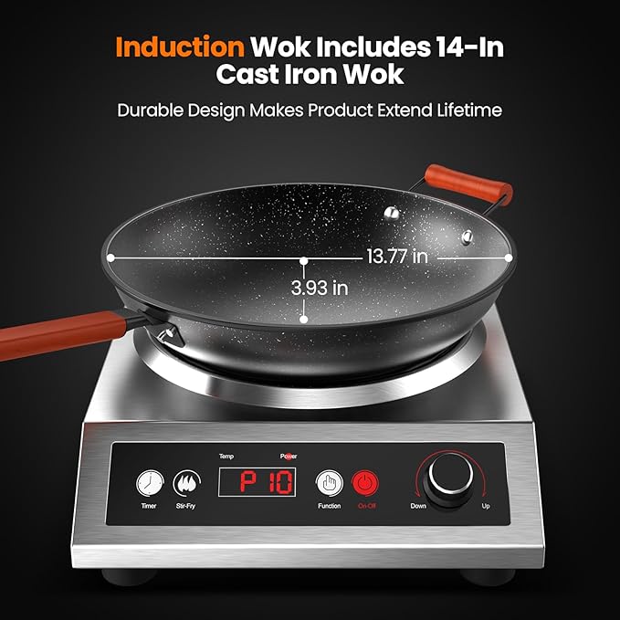 1800W Induction Wok,Stainless Steel Electric Wok Used For Home And Commercial,Temp From 140°F to 460°F,Concave Surface Dual Control 10 Power 24H Timer,14-inch Cast Iron Wok Included