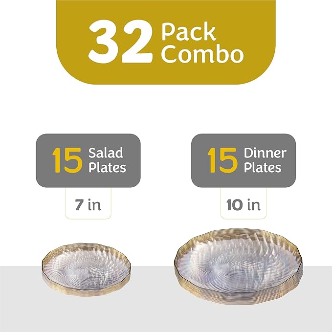 PLASTICPRO 60 Pack Plastic Plates Set of 30-10 inch Plates and 30-7 inch Plate, Elegant Clear Spiral and Gold Rim Disposable Fancy Premium Heavyweight