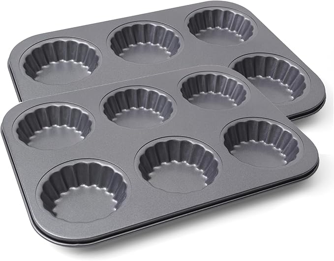 2 Pack Mini Tart Pan, 2.75" Egg Tart Molds 6-Cavity Non Stick Fluted Mini Tart Mould, Reusable Quiche Bakeware Carbon Steel for Pies, Quiche, Cheese Cakes, Desserts(Not Included Cutting Mold)