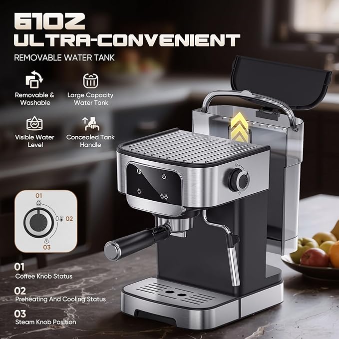 Espresso Machine 20 Bar, Professional Espresso Maker with Power Milk Frother, Compact Espresso Coffee Machine With LED Touch Screen for Home Latte, Cappuccino, 61OZ Removable Water Tank 2026