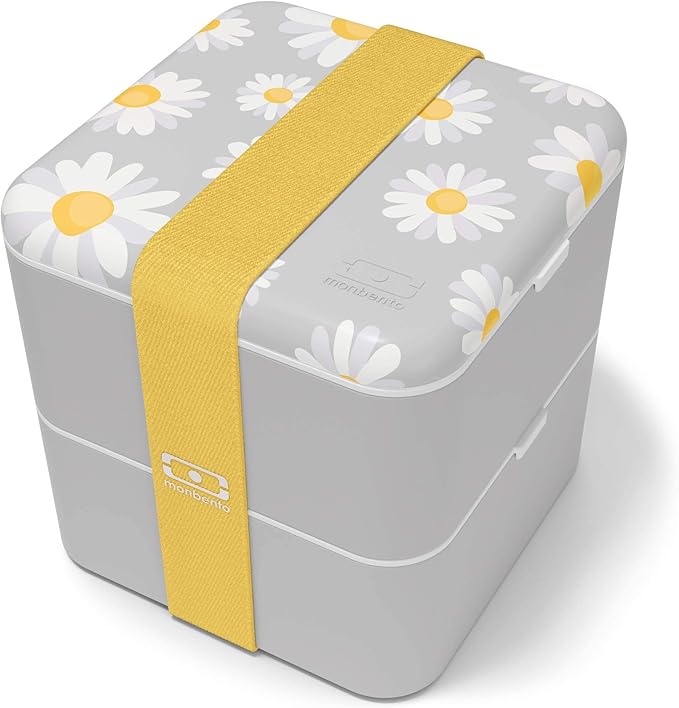 monbento - Large Bento Lunch Box MB Square Daisy with 2 Compartments - 57 oz -3 Leakproof Lunch Box for Work/Picnic/Meal Prep - BPA Free - Microwave & Dishwasher Safe - Flowers Pattern - Grey