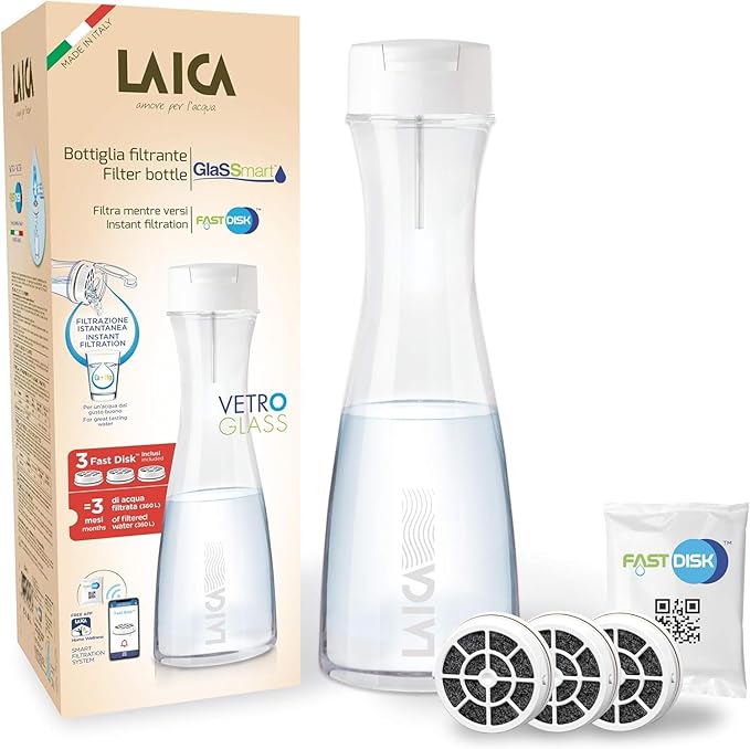 Laica Bk31A Glassmart Glass Filter Bottle, 3 Fast Disk Filters Included, 360 Liters Instantly Filtered Water, White/Transparent, ‎13.8 x 13.7 x 38.8 cm; 1.05 kg