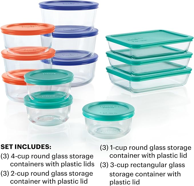 Pyrex Simply Store (12-Pack) Glass Food Storage Containers Set, (1, 2, & 3 Cup) Meal Prep Containers with Plastic BPA-Free Lids, Dishwasher & Microwave Safe