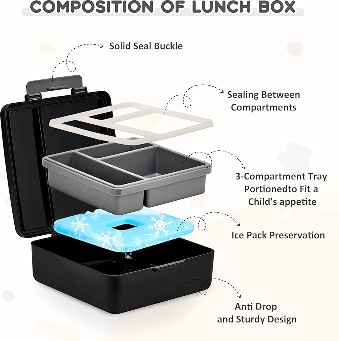 Pawtong Lunch Box Set with Bento Box Container, 17OZ Stainless Steel Food Soup Thermo, Kids Water Bottle & Portable Insulated Lunch Bag – Leakproof, Hot/Cold Retention for School, Travel (Black)