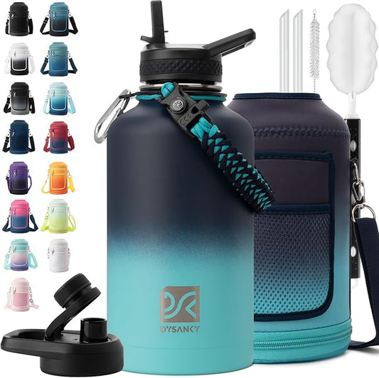 DYSANKY Insulated Water Bottle | Thickened Stainless Steel Vacuum Metal | Portable Sports Half Gallon Large Water Jug for Gym and Hiking with Straw, Carrier Bag, Handle Strap | BPA-Free 64 oz
