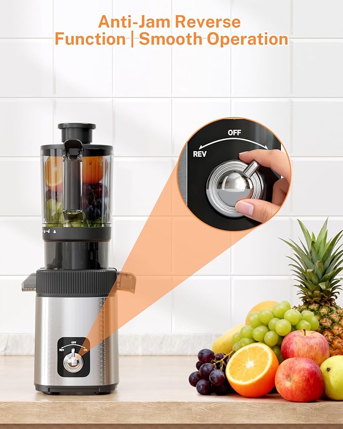 Kndko Cold Press Juicer with 4.35" Wide Feed Chute, Slow Masticating Machine Fit Whole Fruits & Vegetables, High Juice Yield, Stainless Steel Juicer Machine with Large Auger, Easy to Clean