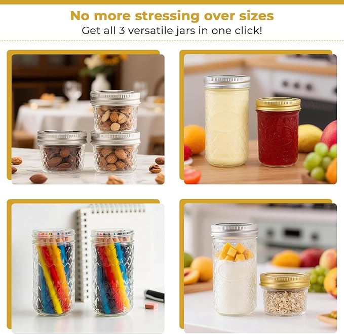 CycleMore 24 Pack Glass Mason Jars, Canning Jars With Bands & Lids, Ideal for Jam, Honey, Wedding/Shower Favors, Spice Jars & DIY - 4 OZ x 8, 8 OZ x 8, 12 OZ x 8 (4oz -8oz-12oz)