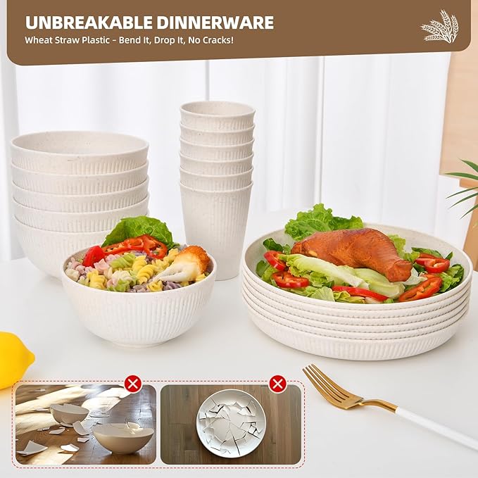 Wheat Straw Dinnerware Sets for 6 - Lightweight & Unbreakable Cups Plates and Bowls Sets Microwave 18 pcs Dinnerware Set for Kitchen, Travel & Camping Beige