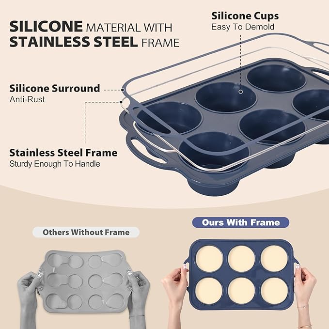 Jumbo Silicone Muffin Pan with Metal Frame, Non Stick Silicone Cupcake Pan with Handles 6 Cup, BPA Free Silicon Muffin Tin Tray Extra Large for baking, egg bites, Cupcake Mold Grey