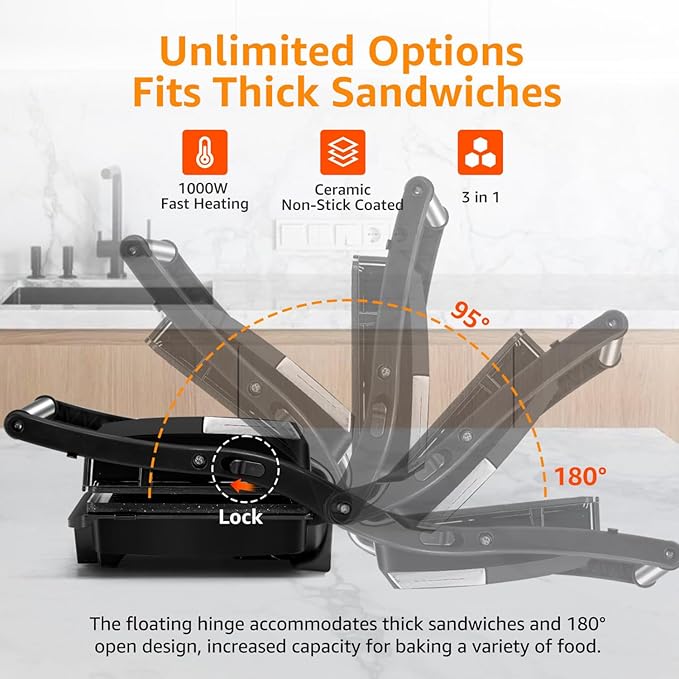 Panini Press Grill, Aigostar 1000W Sandwich Maker with Ceramic Non-stick Plates, Opens 180 Degrees for Any Size Food, 3-in-1 Sandwich Press Electric Grill, Drip Spout & Locking Lid, Sliver