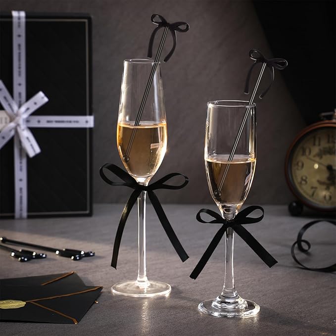 SiliFine 30 Pcs 6 Inch Party Drink Stirrers, Bow Stir Sticks Coffee Stirrers Reusable Plastic Swizzle Sticks for Wedding Birthday Bridal Cocktail Decorations Galentines Supplies(Black)