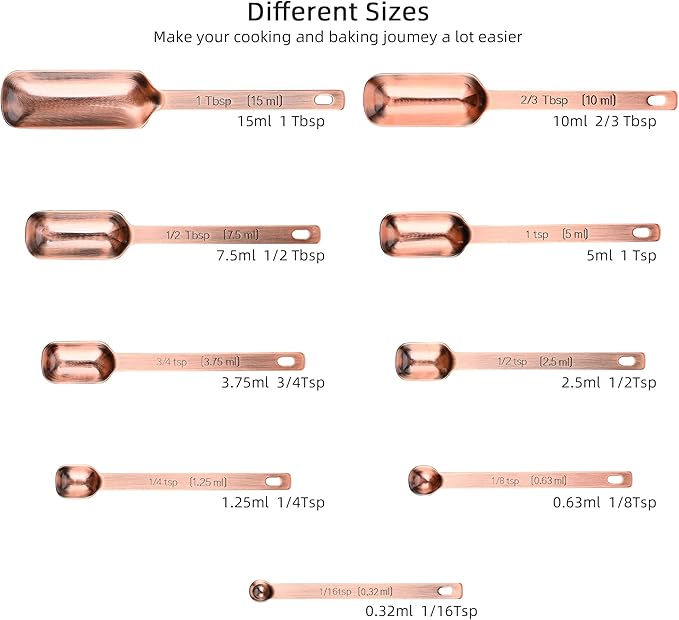 Copper Measuring Cups and Spoons Set 17, Stainless Steel Measuring Cups and Spoons for Dry & Liquid, Metal 7 Measure Cup and 9 Measure Spoon with 1 Leveler for Kitchen & Baking