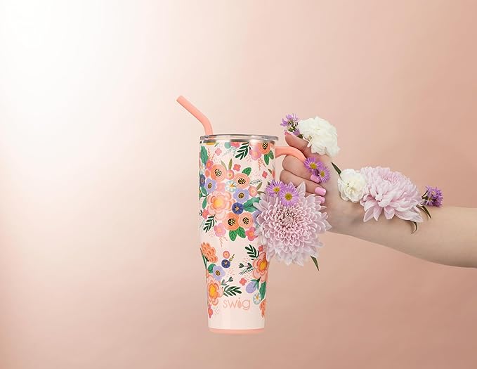 Swig Life 40oz Mega Mug, 40 oz Tumbler with Handle and Straw, Cup Holder Friendly, Dishwasher Safe, Lightweight Extra Large Insulated Tumbler, Stainless Steel (Full Bloom)