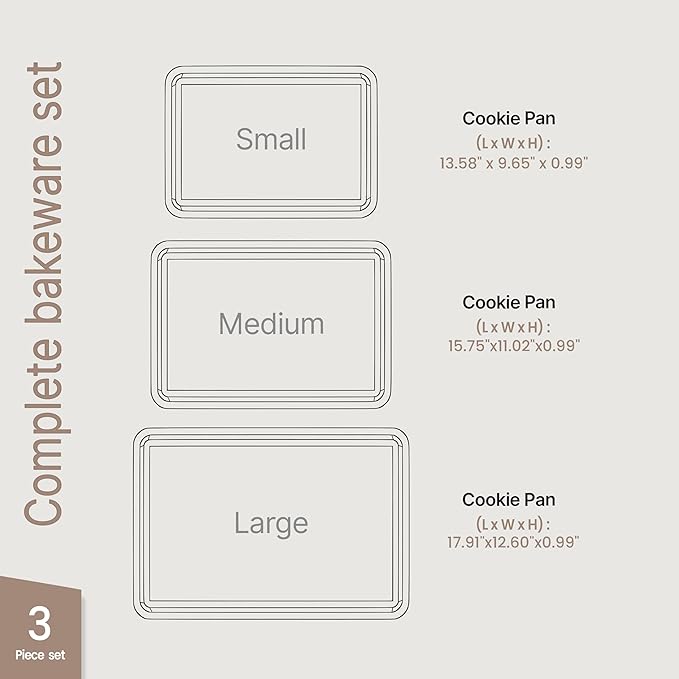 BAKKEN Kitchen Baking Pans - Small, Medium, and Large Cookie Pan (13.58×9.65, 15.75×11, 17.91×12.60), Nonstick, Diamond Texture Bottom, PFOA, PFOS, PTFE Free, Oven Safe Tray (450°F), Pack of 3, Gray