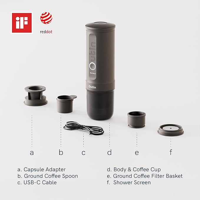 OutIn Nano Portable Electric Espresso Machine, Travel Coffee Maker for Camping, Car Coffee Maker Self-Heating with USB-C, With Ground Coffee & NS Capsule for RV, Hiking, Office
