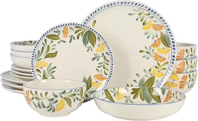 Bloomhouse - Two Time Oprah's Favorite Things Winner - Posy Blossom Double Bowl Hand Painted Stoneware Plates and Bowls Floral Dinnerware Set, Service for Four (16pcs)