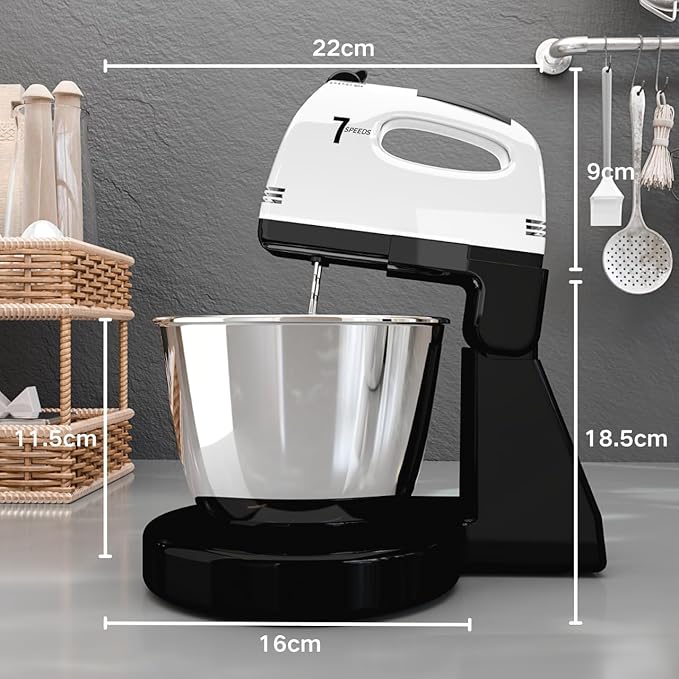 Stand Mixers, 7 Speeds With 3QT Stainless Steel Bowl, Stand and Hand Mixer with Dough Hook, Whisk, Mixing Beater for Baking, Cake, Cookie, Kneading (BU2)