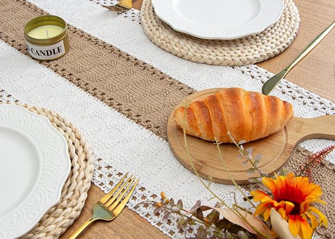 FEXIA Boho Table Runner for Home Decor with Out Tassels 72 Inches Long Farmhouse Rustic Table Runner Macrame Burlap Table Decoration for Living Room Bridal Shower(12x72 Inches)