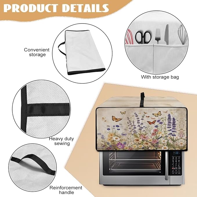 Toaster Oven Cover Washable Small Kitchen Appliance Dust Cover with Pockets, for Air Fryer Toaster Ovens, Microwaves, M, 16.5 x 20.5 x 10 Inches, Retro Floral Butterfly Print