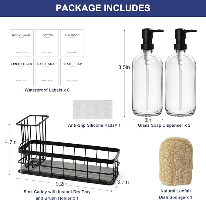 Dish Soap Dispenser for Kitchen, 16.9 fl oz Clear Hand and Dish Soap Dispensers, Kitchen Soap Dispenser Set with Sponge Holder, Brush Holder and Loofah Sponge, Countertop Sink Organizer Accessories
