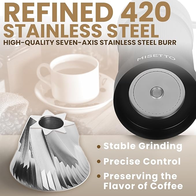MISETTO Manual Coffee Grinder with CNC Stainless Steel Conical Burr - External Adjustable Setting,Double Bearing Positioning,French Press Coffee,Pour Over for Hand Grinder Gift
